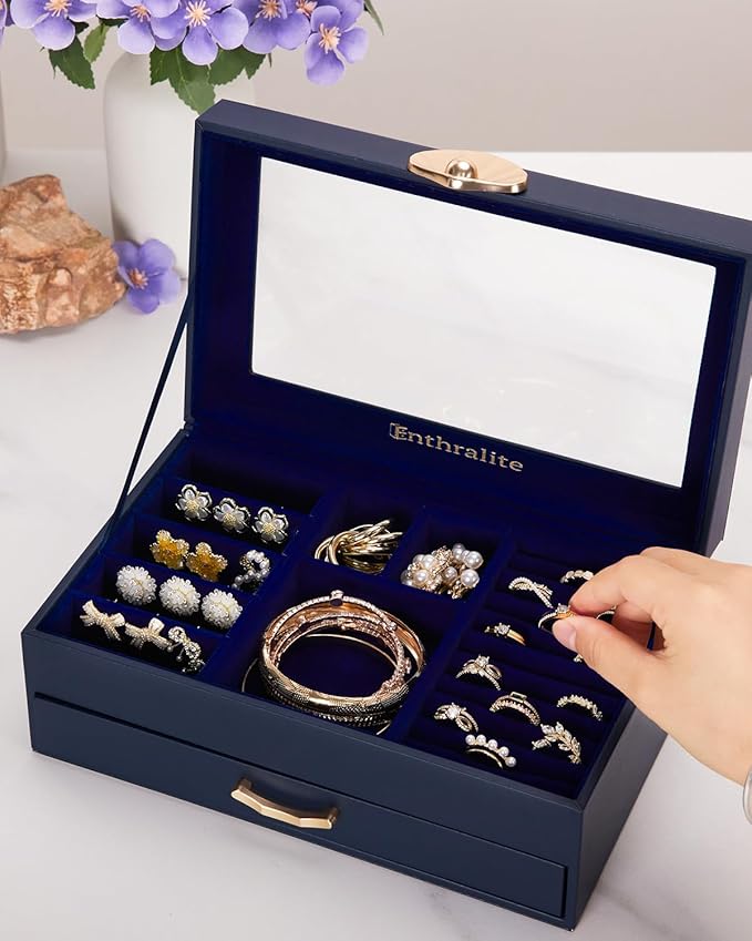 Jewelry Box with 1 Drawers: Display Organizer for Earrings Necklaces - Gifts for Girls Women (Dark Blue)
