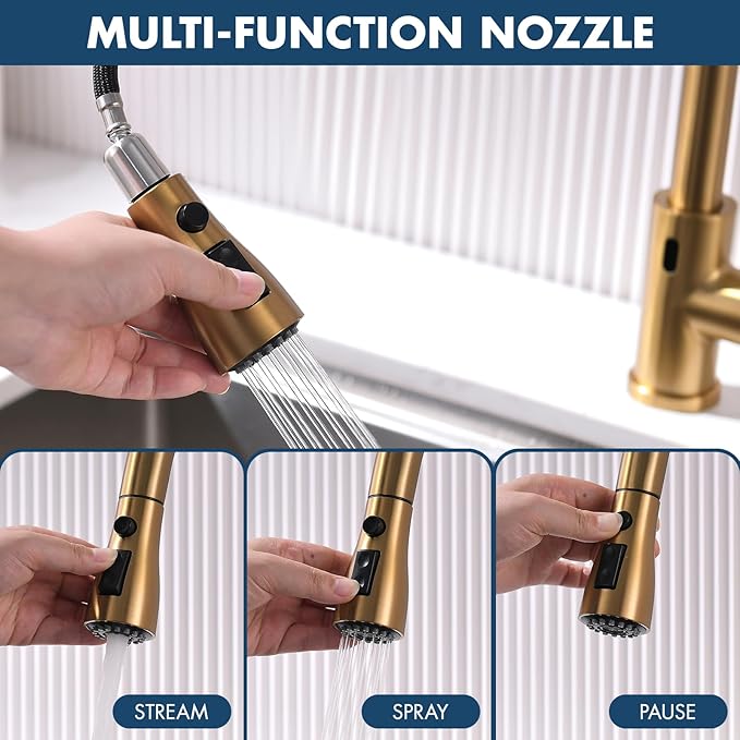 GIMILI Touchless Gold Kitchen Faucet with Pull Down Sprayer Motion Sensor Hands-Free Smart Activated Brushed Gold Brass Sink Faucets
