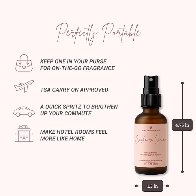 Cashmere Cocoon Luxury Small Space Air & Linen Freshener Spray - Creamy Coconut + Amber Musk - Artisan Blended Home Fragrance - Non Toxic Odor Eliminator - 2 oz Travel Size Room Spray