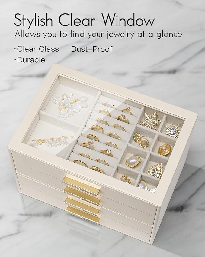 Vlando 4 Layer Jewelry Box for Women, Glass Lid Jewelry Organizer with 4 Drawers for Necklaces Rings Earrings Bracelets - Cloud White