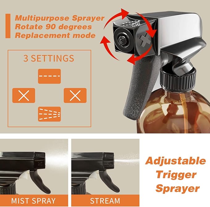 Glass Spray Bottle, 2 Pack 16oz Empty Sprayer with Funnel & Cap & Labels, Large Refillable Mist Bottles for Cleaning, Plant, Essential Oil, Facial Hydration, Water Flower & Hair, (Amber & Frosted)