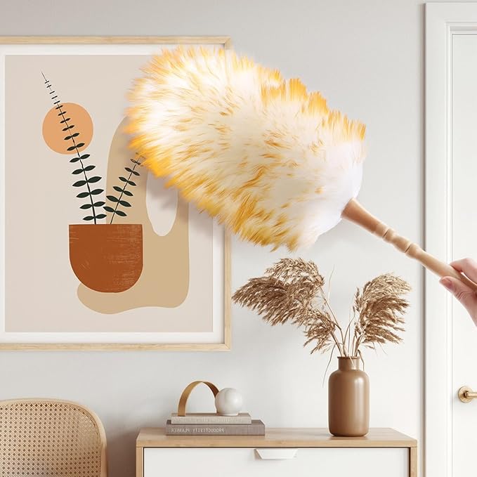 FeelfunFeather Lambswool Duster with Solid Wooden Handle,Leather Hang Strap,Comfortable Grips 19.6 inch Long Natural Feathers Dusters for Cleaning Wall Plant Desk Blind Cleaner Duster Tool