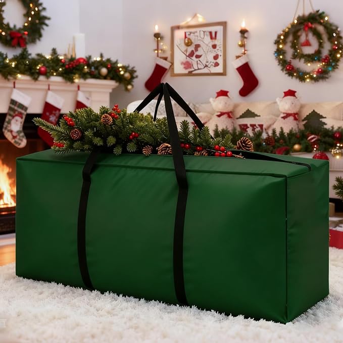Extra Large Christmas Tree Storage Bag Fits Up to 12 ft Tall Artificial Trees, 68" L X 30" W X 20" H Heavy Duty Xmas Tree Storage Bag Waterproof with Reinforced Handles and Zippers, Green