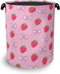 Cute Strawberry Laundry Basket,Bow Foldable with Handles Tote Bag Oxford Cloth for Bathroom Bedroom Dirty Clothes Storage Bucket 16" x 20.8"