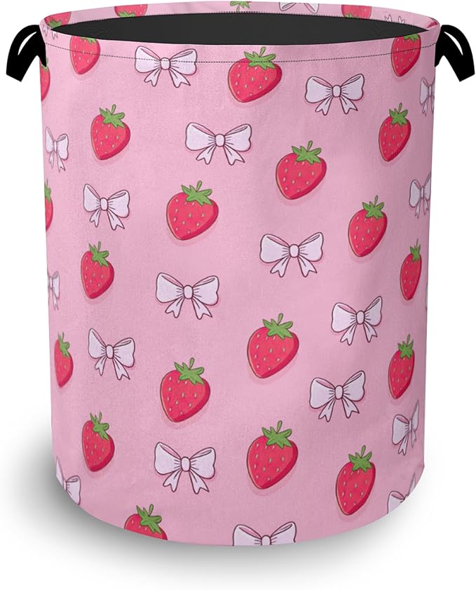 Cute Strawberry Laundry Basket,Bow Foldable with Handles Tote Bag Oxford Cloth for Bathroom Bedroom Dirty Clothes Storage Bucket 16" x 20.8"