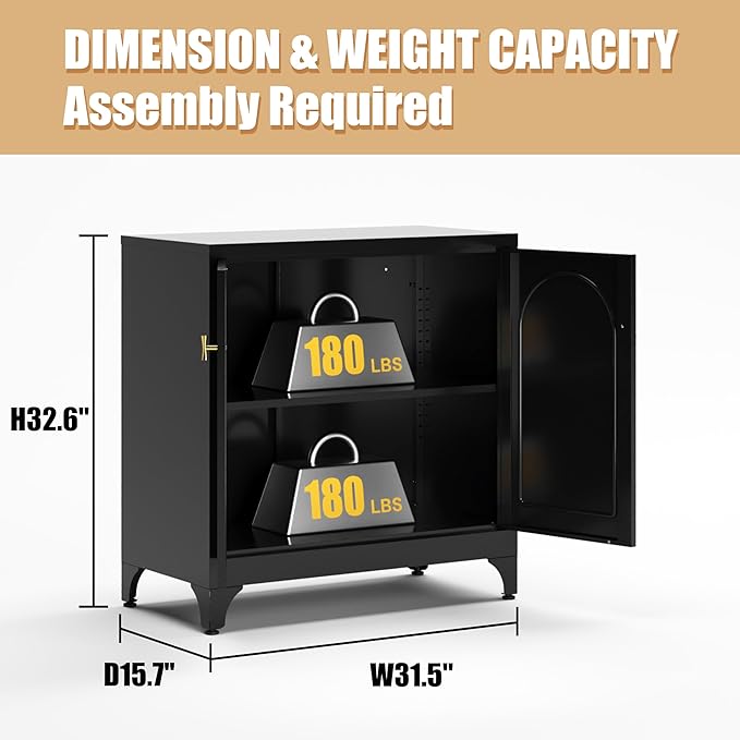 Metal Storage Cabinet with 2 Doors, 33"H Black Sideboard Cabinet, Small Kitchen Cabinet with Adjustable Shelf, Coffee Bar Cabinets, Storage Cabinets for Bedroom, Living Room, Kitchen, Office