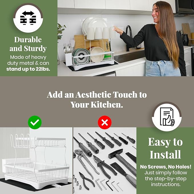 DINEST 2 Tier Dish Drying Rack with Drainboard – Rust Resistant Iron Kitchen Dish Rack with 270° Rotating Spout, Utensil & Plate Holders – Compact Drying Rack for Kitchen Counter - White