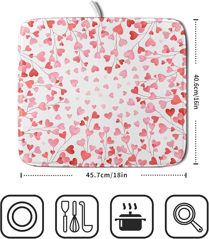 Valentines Day Dish Drying Mat for Kitchen Counter 18x16 Inch Love Drying Mat with Absorbent Reversible Microfiber Pink Heart Dish Drainer Mats Rack Pad for Coffee Countertop Protector