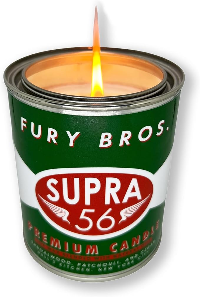 Fury Bros. Scented Candles for Men | Supra 56 | Sandalwood Patchouli Cedar | Natural Soy Wax | Hand-Poured in The USA | Long 70-80 Hour Burn (12.5 oz) | Vintage-Inspired Tin Design | Dad Home Gift