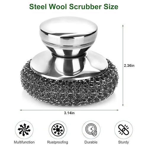 4PCS Steel Wool Scrubber Pads, Stainless Steel Scrubber Set with 3Pcs Steel Wool Pads, Steel Scrubber for Dishes, Ideal for Cleaning Cast Iron, Pots, Pans, Grills, Stoves, Sink, Kitchen Household