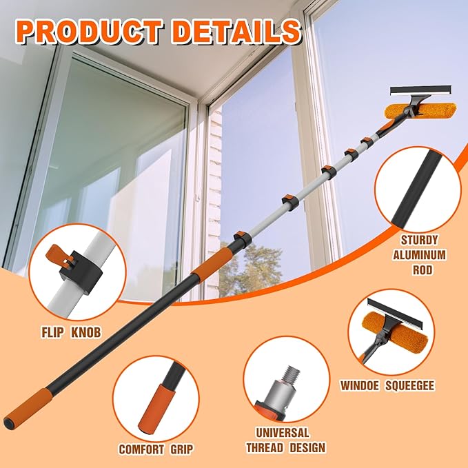 SISUPASSIE 30FT Reach Window Squeegee with Extension Pole, 2-in-1 Professional Window Washing Kit for Home, Indoor Outdoor Squeegee with Rotatable Head for High Windows