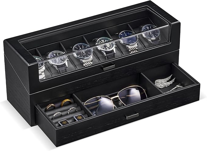 ProCase Wooden Watch Box for Men, Wood Watch Display Case Men's Jewelry Organizer Box with Drawer -6 Slot, Black