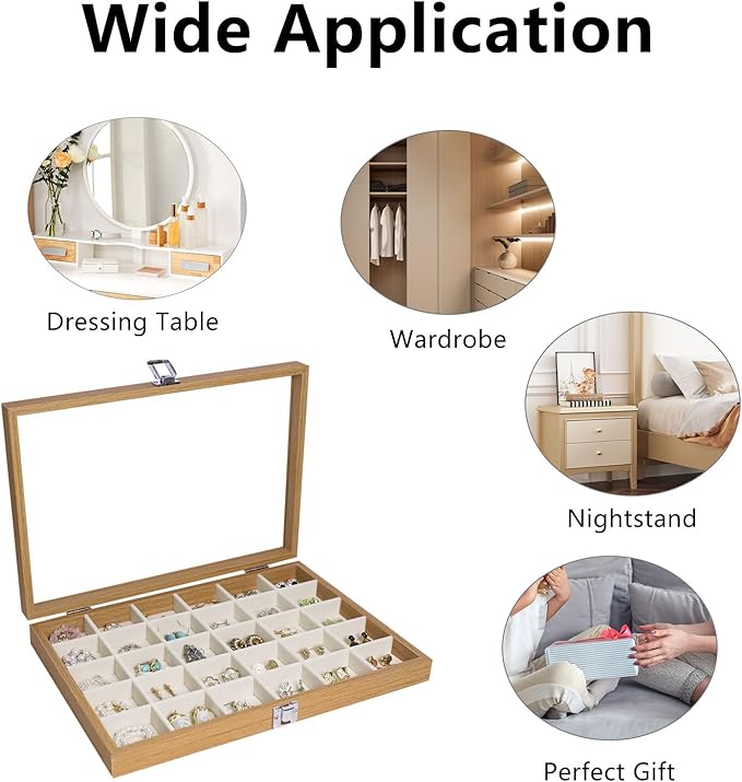 Stratalife Jewelry Organizer Wooden Bracelet Jewelry Box 30 Grid Jewelry Tray with Lid Earring Holder Organizer Necklace Bracelet Bangle Ring Organizer for Women Vintage Jewelry Box