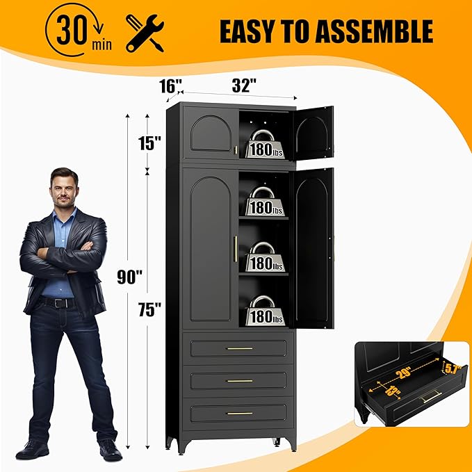 Metal Storage Cabinet with Doors and Shelves, 90" Tall Kitchen Pantry Storage Cabinets with 3 Drawer, Black Pantry Closet, Steel Large Cupboard, High Leveling Feet- Assembly Required