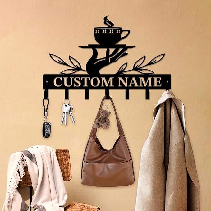 Personalized Custom Name Coffee Bar Wall Keys Hooks,Metal Coffee Shop Art Clothes Hooks,Metal Coffee Lover Wall Home Storage Decorative,For Front Door, Hallway, Kitchen, Bedroom,Keys,Hats (Style C)