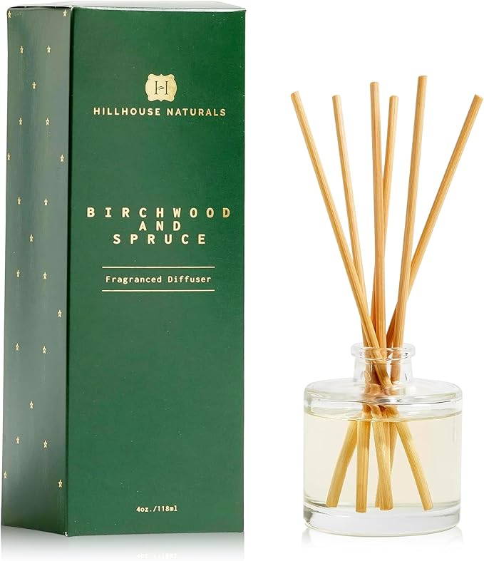Hillhouse Naturals Birchwood & Spruce 4oz Diffuser. with fragrances of Aspen Birchwood, Spruce and Bergamot. Diffuse time 3-4 Months. Made in The USA.