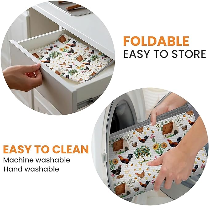 Dish Drying Mat For Kitchen Counter, Farmhouse Rooster Microfiber Absorbent Dish Drainer Rack Pad Reusable Large 18x24in Drying Mat