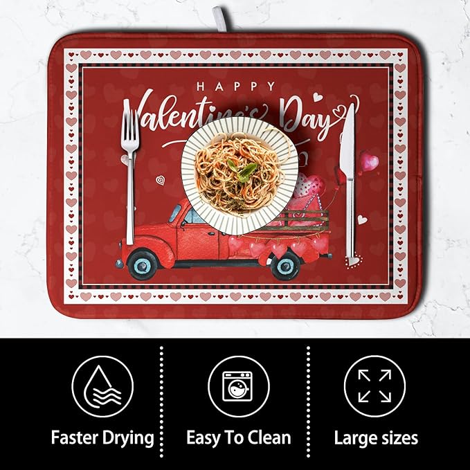 Kwlegh Valentine Red Truck Love Heart Dish Drying Mat 16x18 Inch Happy Valentine's Day Drying Mat for Kitchen Counter Microfiber Dish Drainer Mats Absorbent Dish Rack Pad for Home Coffee Bar Sinks