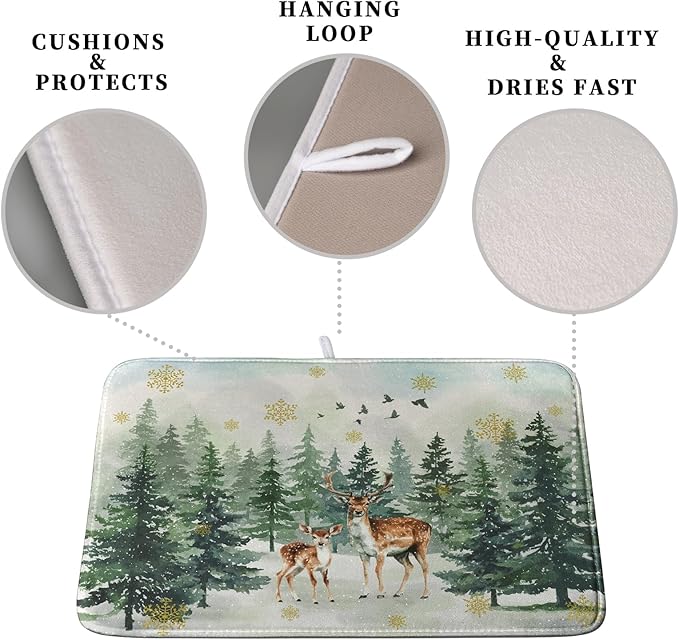 Kwlegh Reindeer Tree Snowflakes Christmas Dish Drying Mats for Kitchen Counter 16x18 Inch Winter Forest Dish Drainer Mats Absorbent Reversible Dish Draining Microfiber Dishes Drying Pad