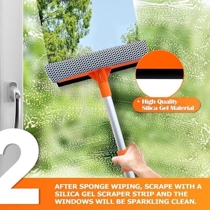ARTIPOLY Squeegee for Window | 2-in-1 Window Cleaner Sponge and Soft Rubber Strip with Telescopic Extension Pole 18”-29” | Window Washer for Shower, Car Windshield, Mirror, Glass Cleaning