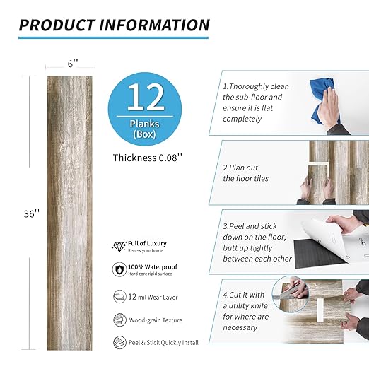 Art3d Peel and Stick Floor Tile Vinyl Wood Plank 12-Pack 18 Sq.Ft, Old Wood, Rigid Surface Hard Core Easy DIY Self-Adhesive Flooring