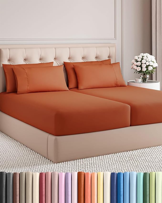 Split King 7 Piece Sheet Set - Comfy Breathable & Cooling - Soft Hotel Luxury Bedding Set with 8-16 Inch Deep Pockets - 1 Flat & 2 Fitted Sheet & 4 Pillowcases - Wrinkle Free & Easy Care - Terracotta