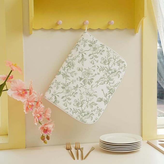 Sage Green Floral Dish Drying Mat 18 x 24 Inch Vintage Light Green Floral Drying Mat for Kitchen Counter Absorbent Spring Summer Flowers Dishes Dry Pad for Drainer Rack Kitchen Fast Dry