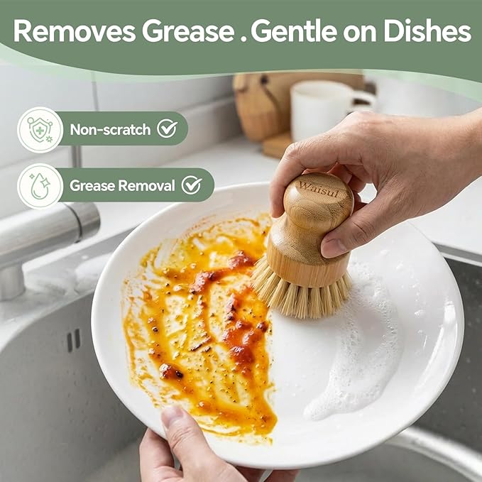 Waisul Bamboo Dish Brush Set, 4 Pack, Plastic-Free (2 Medium Sisal, 2 Firm Coconut Coir), Dish Scrubber & Vegetable Brush for Cast Iron, Nonstick