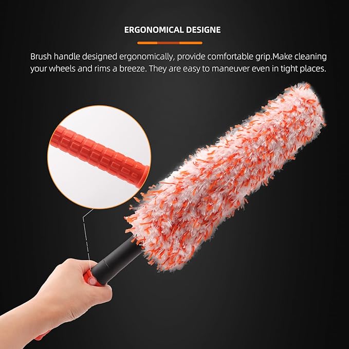 Microfiber Wheel Brush, SPTA Removable Car Wheel Cleaning Brush with 2 Interchangeable Microfiber Covers, Bendable, Firm Rim Cleaner Brush for Wheel Cleaning, Long Non-Slip Handle and Flat Head