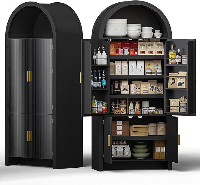 71" Tall Arched Pantry Cabinet, Arched Fluted Kitchen Storage Cabinet with Doors and Adjustable Shelves, Modern Black Cupboard Organizer for Kitchen, Dining Room, Living Room