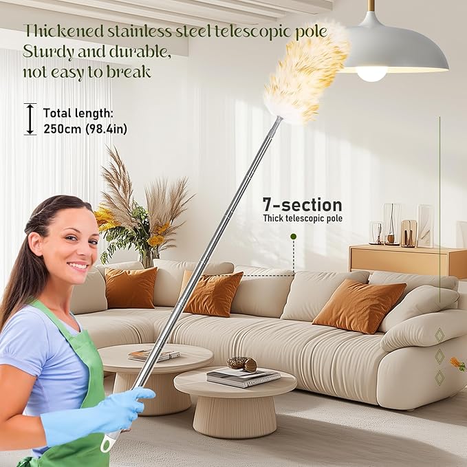 iHUFeather Lambswool Duster for Cleaning with Non-Slip Handle 98.4" Removable Retractable Feather Duster for Cleaning Ceiling Fans Window Blinds Interior Roof Furniture(1PCS)
