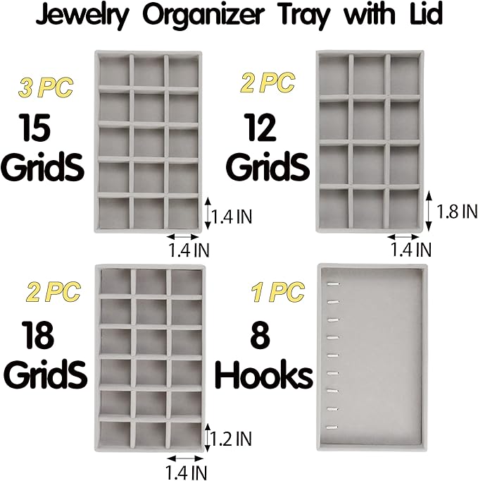 Set of 8 Stackable Jewelry Organizer Trays with 1 Lid for Drawer & Dresser Organizer, Adjustable Velvet Jewelry Box Tray Earring Organizer Necklace Storage Ring Bracelet Display Case (Gray)
