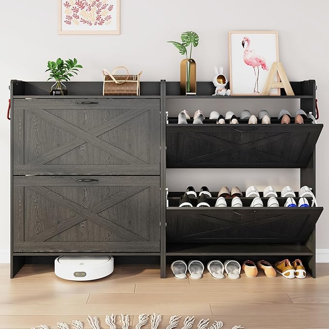 Shoe Cabinet with 2 Flip Drawers & Adjustable Shelf,Wood Shoe Organizer,Freestanding Hidden Shoe Storage Cabinet for Entryway,Hallway (Black)