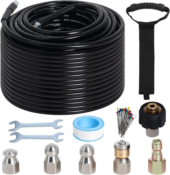 Zejoot 150FT Sewer Jetter Kit for Pressure Washer, 5800PSI Drain Cleaner Hose 1/4 Inch NPT Corner with 4 Sewer Jetting Nozzles，Waterproof Tape，Pearl Corsage Pin，Handle Strap & 2 Spanners (Black)