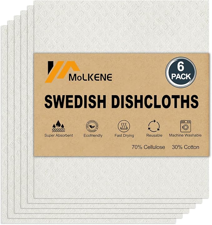 MoLKENE Swedish Dishcloths for Kitchen | 6 Pack Absorbent Cellulose Sponge Cloths Washable | Non-Scratch Reusable Paper Towels Quick Drying Cleaning Cloths - White