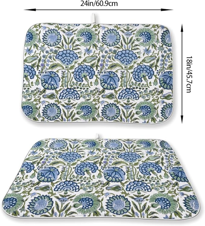 Vintage Blue Sage Green Floral Dish Drying Mat 18 x 24 Inch Boho Floral Drying Mat for Kitchen Counter Absorbent Flowers Dishes Dry Pad for Drainer Rack Kitchen Fast Dry