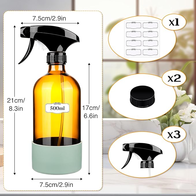 ZENOWICK 2 Pack/16 Oz Glass Spray Bottles, Refillable Empty Containers with Silicone Sleeve, Upgraded Adjustable Nozzle Spray Bottle Sets for Cleaning, Essential Oils, Hair (Amber)