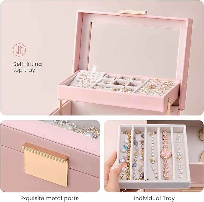 Lolalet Jewelry Box, Clear Window Jewelry Organizer with Drawer for Earrings Bracelets Necklaces Rings, Jewelry Storage for Women -Pink, 4 Layers