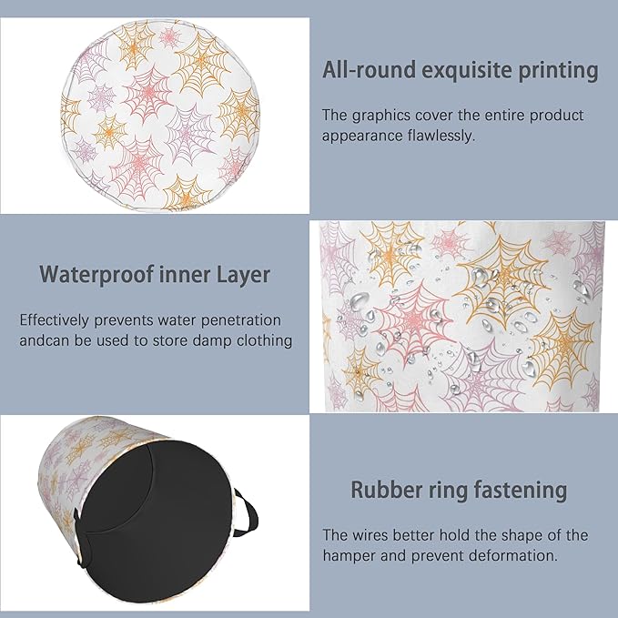Colorful Spider Web Laundry Basket,Halloween Foldable with Handles Tote Bag Oxford Cloth for Bathroom Bedroom Dirty Clothes Storage Bucket 16" x 20.8"