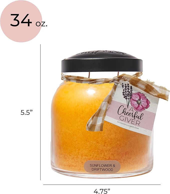A Cheerful Giver - Sunflower & Driftwood - 34oz Papa Scented Candle Jar with Lid - Keepers of The Light - 155 Hours, Gift Candle, Yellow, Big Candles for Home Decoration