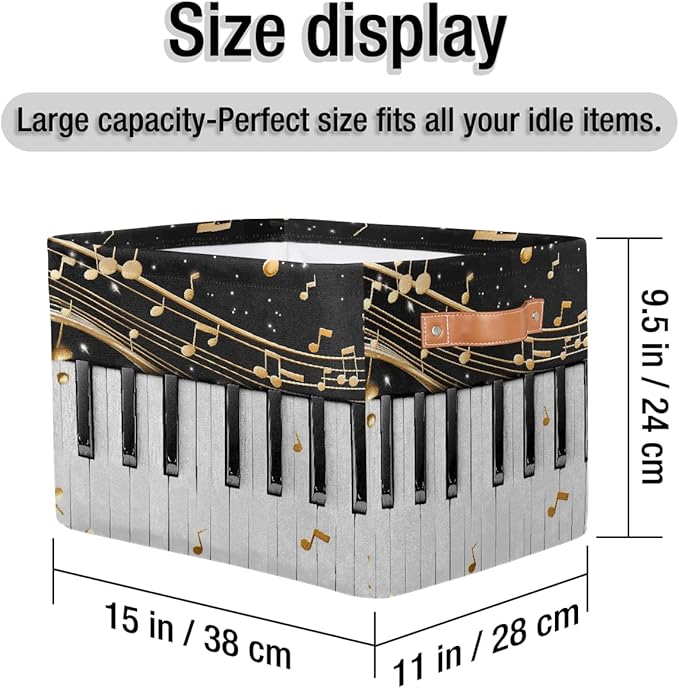 Music Notes Storage Basket for Shelves, Storage Bins with Handles, Collapsible Basket for Organizing, Closet Toy Baskets for Nursery Room, 15x11x9.5 in, Canvas, Musical Piano