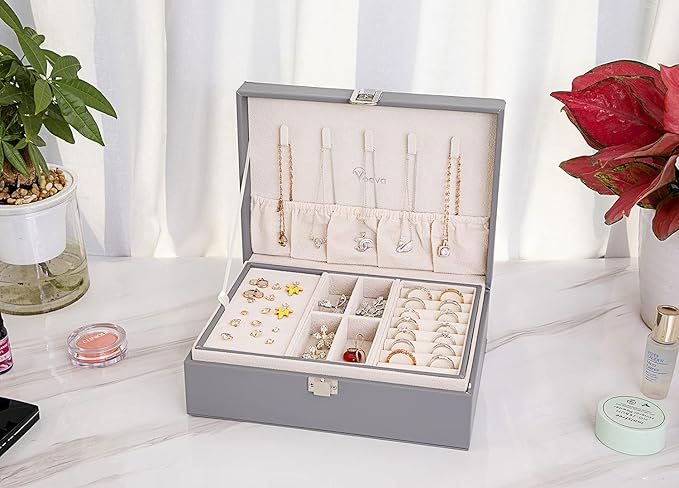 Voova Jewelry Box Organizer for Women Girls,2 Layer Large Men Jewelry Storage Case, PU Leather Display Jewellery Holder with Removable Tray for Necklace Earrings Rings, Grey