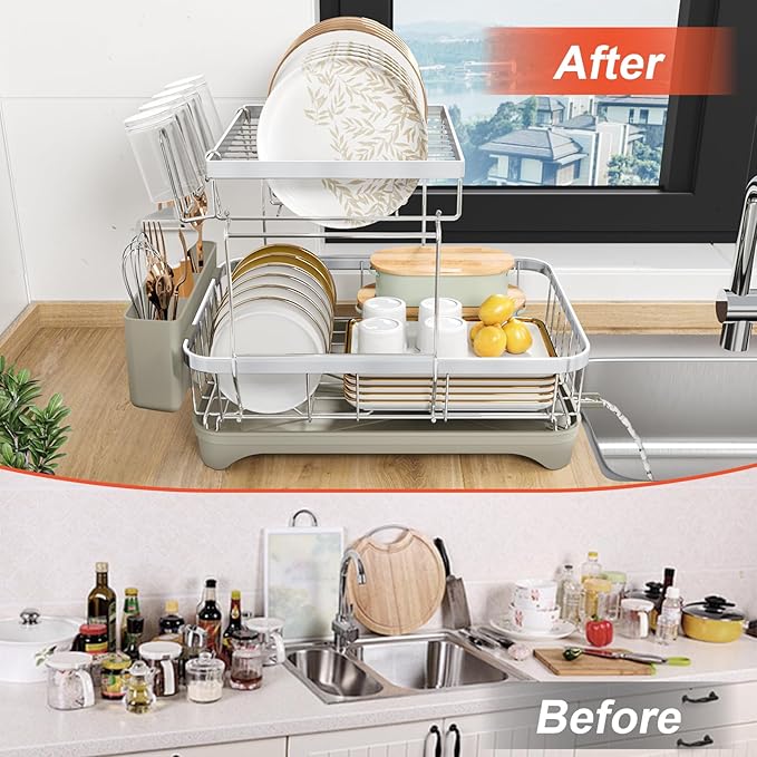 HOMEAILIE 2-Tier Dish Drying Rack for Kitchen Counter, 304 Stainless Steel Dish Rack with Adjustable Drainboard, Removable Utensil Holder & Water Tray, Grey