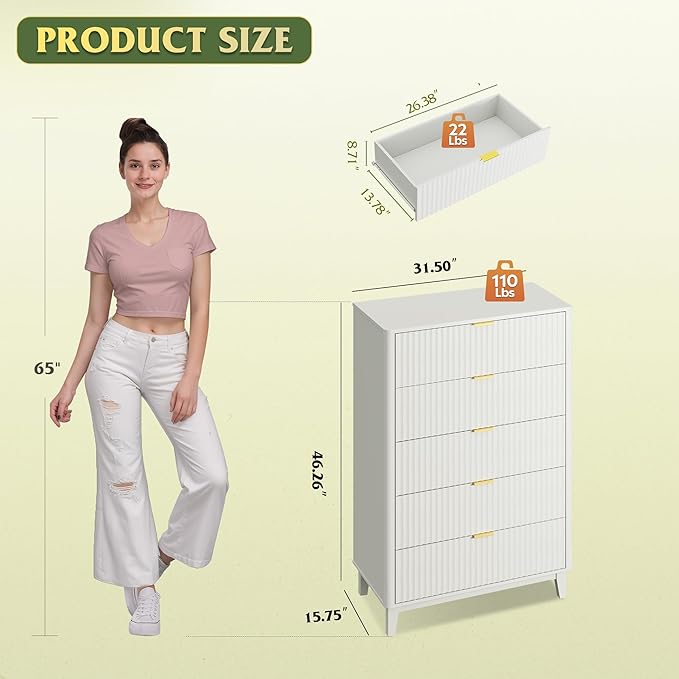 WLIVE Fluted Dresser for Bedroom with 5 Drawers, 46.26" Tall Wooden Dresser with Golden Metal Handles, Mid Century Modern Chest of Drawers for Living Room, Hallway, Closet, Solid White