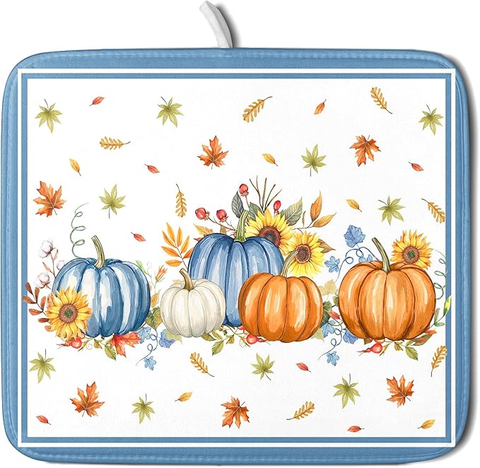 Fall Pumpkin Dish Drying Mat for Kitchen Counter 16×18 Inch Blue Dishes Pad Washable Thanksgiving Dish Rack Pad Drainer Mat Autumn Absorbent Reversible Microfiber Dish Drying Pad for Coffee Bar