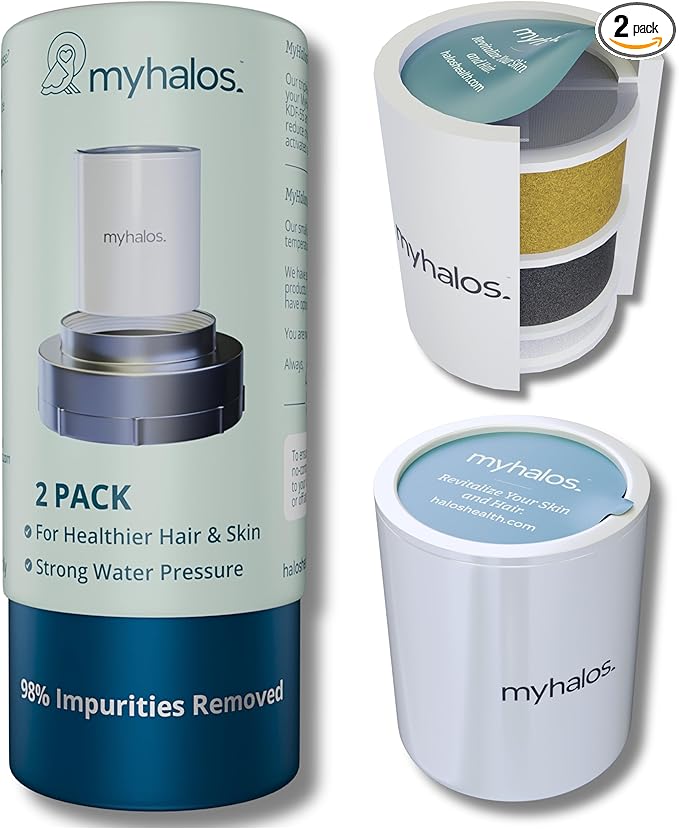 2 Pack - MyHalos® Fixed Hard Water Shower Filter Cartridge Replacement - Home, Travel Power Filtered Shower Head Filter, Chlorine & Heavy Metal Removal - Water Softener, High Pressure- 6 Months Worth