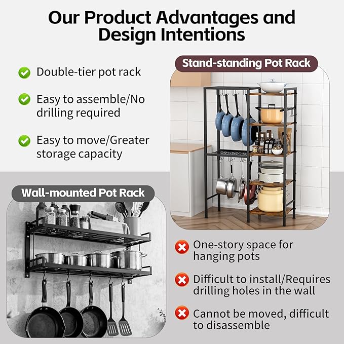 OMISRUIS 5-Tier Pot and Pan Organizer Rack with Hooks, Heavy-Duty Kitchen Storage Shelf for Cookware, Dishes, and Utensils, Freestanding Metal Pot Rack Organizer for Kitchen, Pantry, or Dining Room