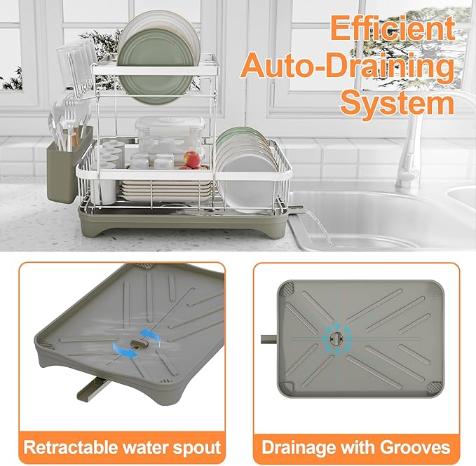 HOMEBOSILY Dish Drying Rack, 2 -Tier 304 Stainless Steel Adjustable Spout Auto-Draining Dish Rack, Space Saving Dish Drainer with Drainboard and Utensil Holder for Kitchen Counter Grey