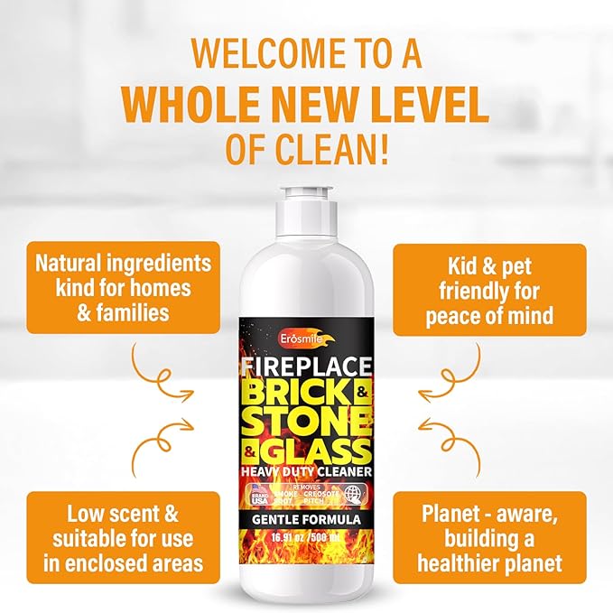 Fireplace Cleaning Set Fireplace Soot Remover with Scrub Brush for Brick, Stone, Rock, Tile, and Marble – Nonabrasive Brick Cleaner, Gentle Formula for Bricks & Glass Indoor and Outdoor -16 oz