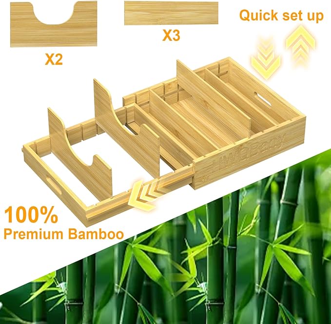 HWQBany Pots and Pans Organizer, Bamboo Expandable Cutting Board Organizers, Adjustable Pot Lids Organizer for Cabinet with 5 Adjustable Dividers for Pots, Pans, Baking Sheets, Cutting Boards, Nature